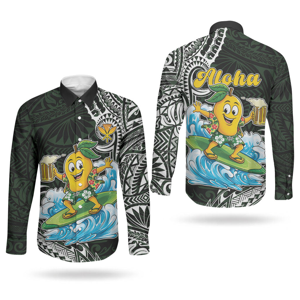 Aloha Hawaii Mango Surfing Couples Matching Tank Maxi Dress and Long Sleeve Button Shirt Polynesian Style