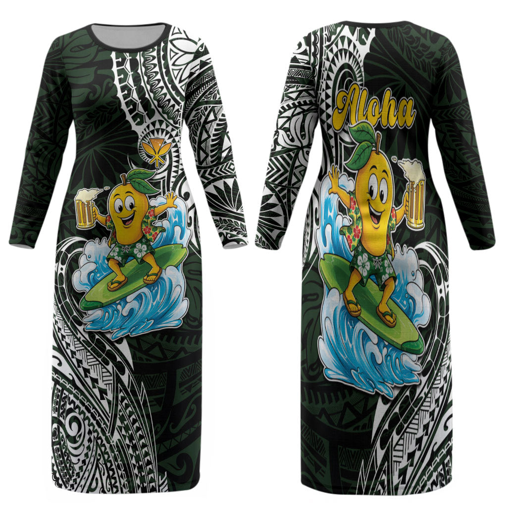 Aloha Hawaii Mango Surfing Family Matching Long Sleeve Bodycon Dress and Hawaiian Shirt Polynesian Style
