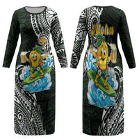 Aloha Hawaii Mango Surfing Family Matching Long Sleeve Bodycon Dress and Hawaiian Shirt Polynesian Style