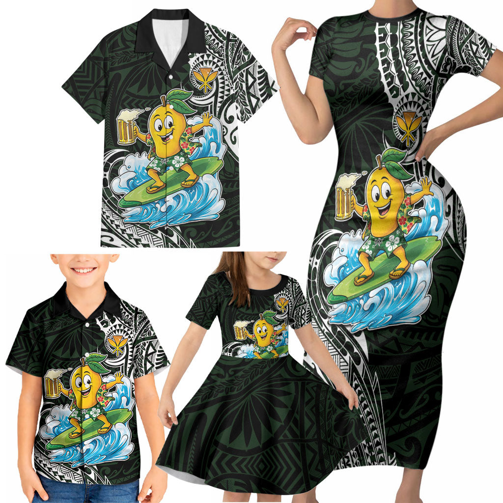 Aloha Hawaii Mango Surfing Family Matching Short Sleeve Bodycon Dress and Hawaiian Shirt Polynesian Style