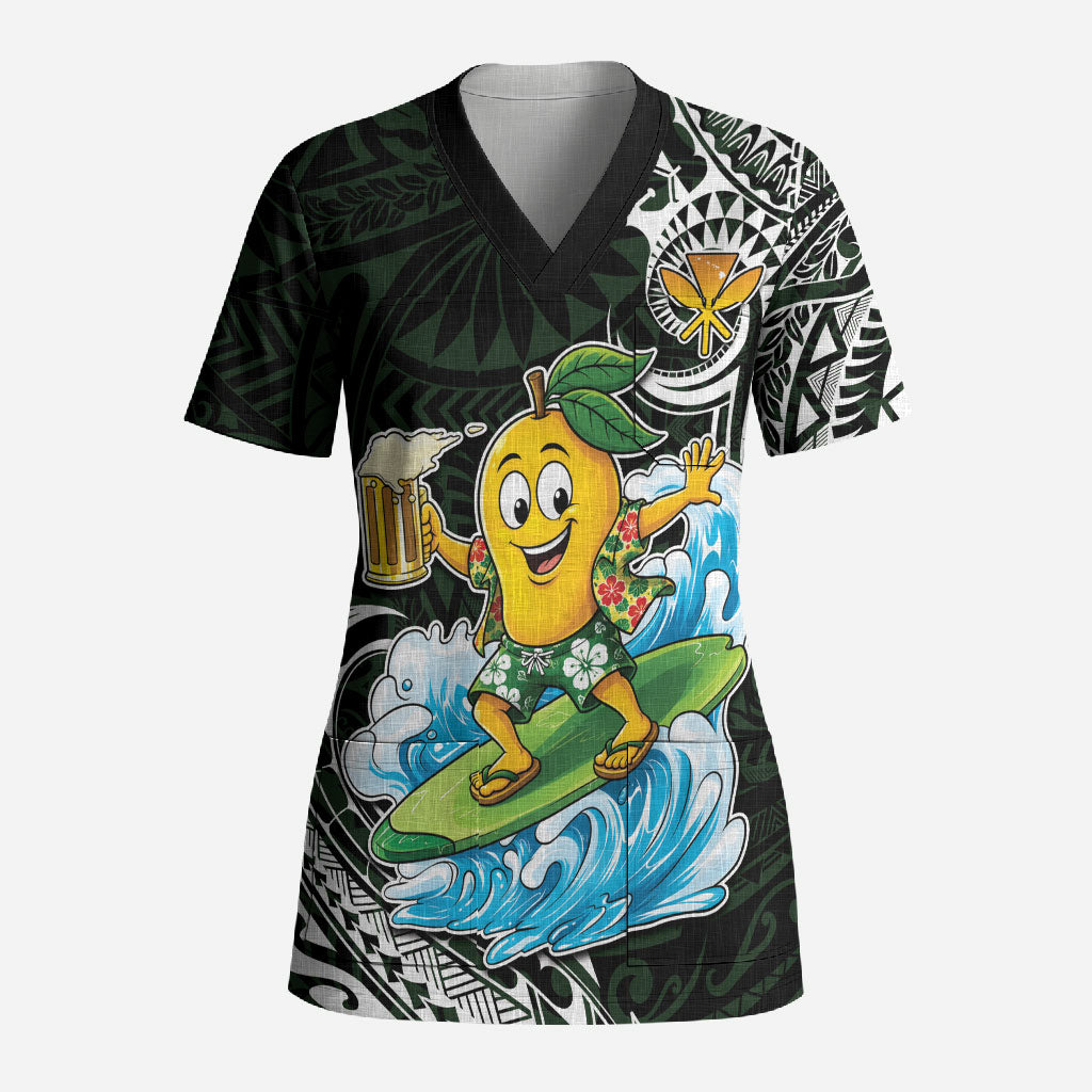 Aloha Hawaii Mango Surfing Scrub Top Polynesian Style