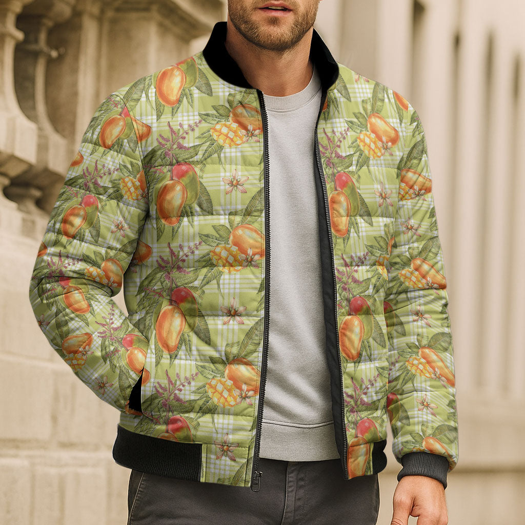 Vintage Hawaii Mango Bomber Puffer Jacket Yellow Green Hawaiian Palaka