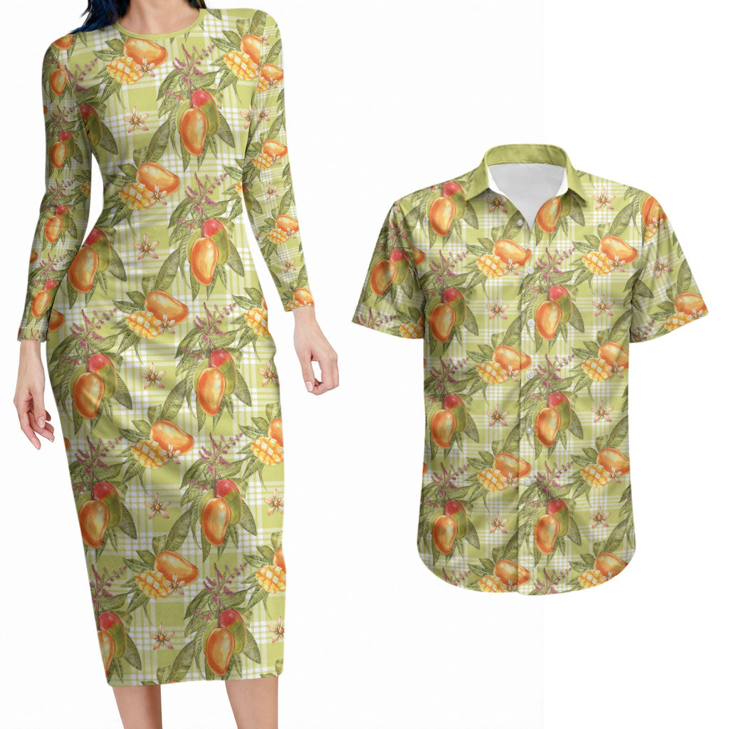 Vintage Hawaii Mango Couples Matching Long Sleeve Bodycon Dress and Hawaiian Shirt Yellow Green Hawaiian Palaka