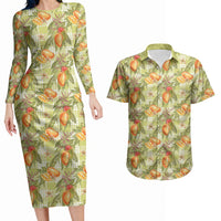 Vintage Hawaii Mango Couples Matching Long Sleeve Bodycon Dress and Hawaiian Shirt Yellow Green Hawaiian Palaka