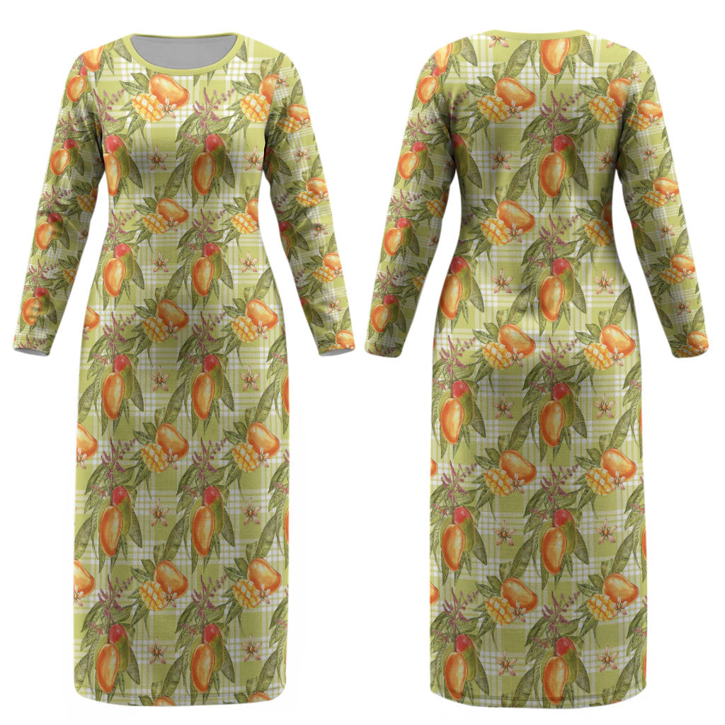 Vintage Hawaii Mango Couples Matching Long Sleeve Bodycon Dress and Hawaiian Shirt Yellow Green Hawaiian Palaka