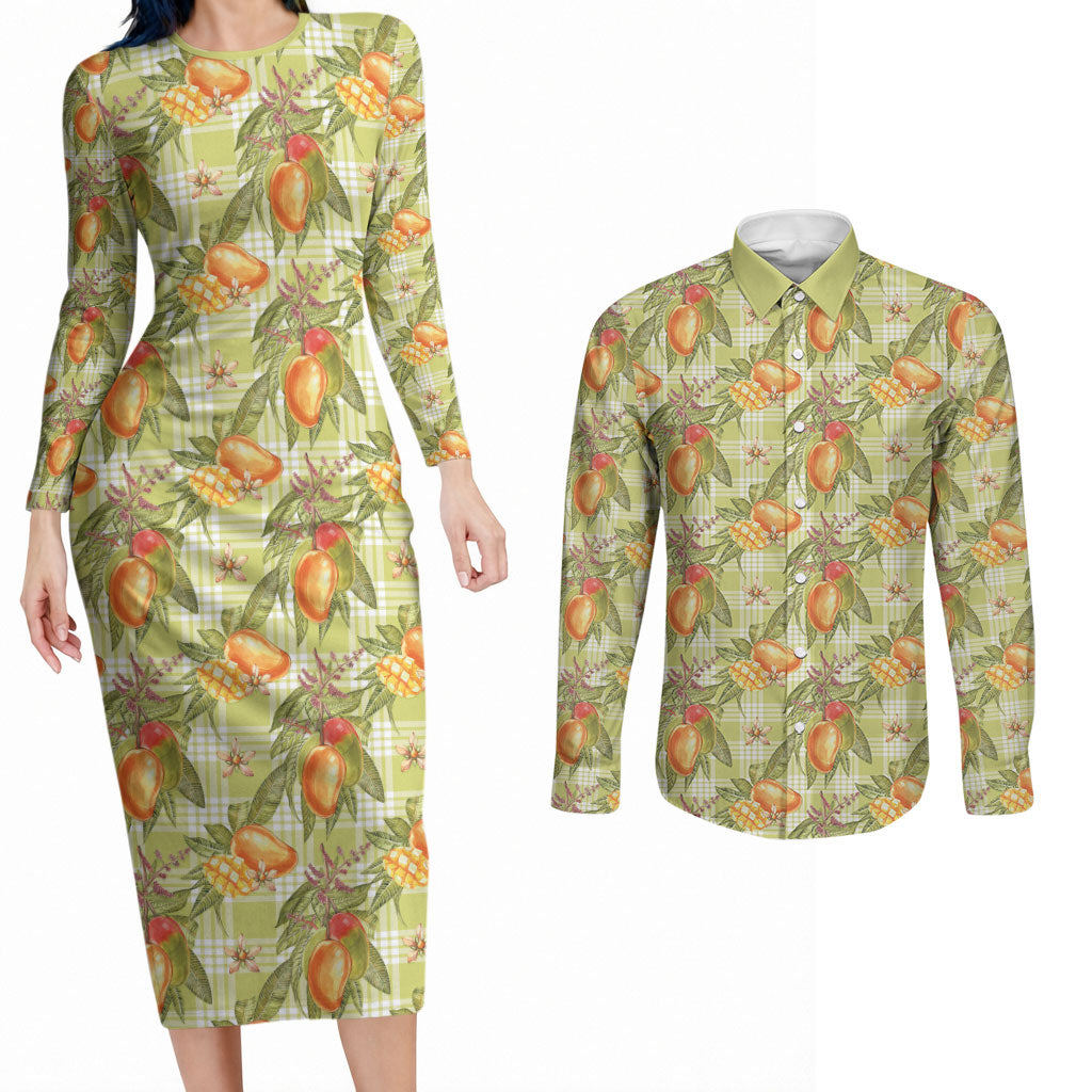 Vintage Hawaii Mango Couples Matching Long Sleeve Bodycon Dress and Long Sleeve Button Shirt Yellow Green Hawaiian Palaka