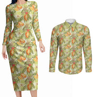 Vintage Hawaii Mango Couples Matching Long Sleeve Bodycon Dress and Long Sleeve Button Shirt Yellow Green Hawaiian Palaka