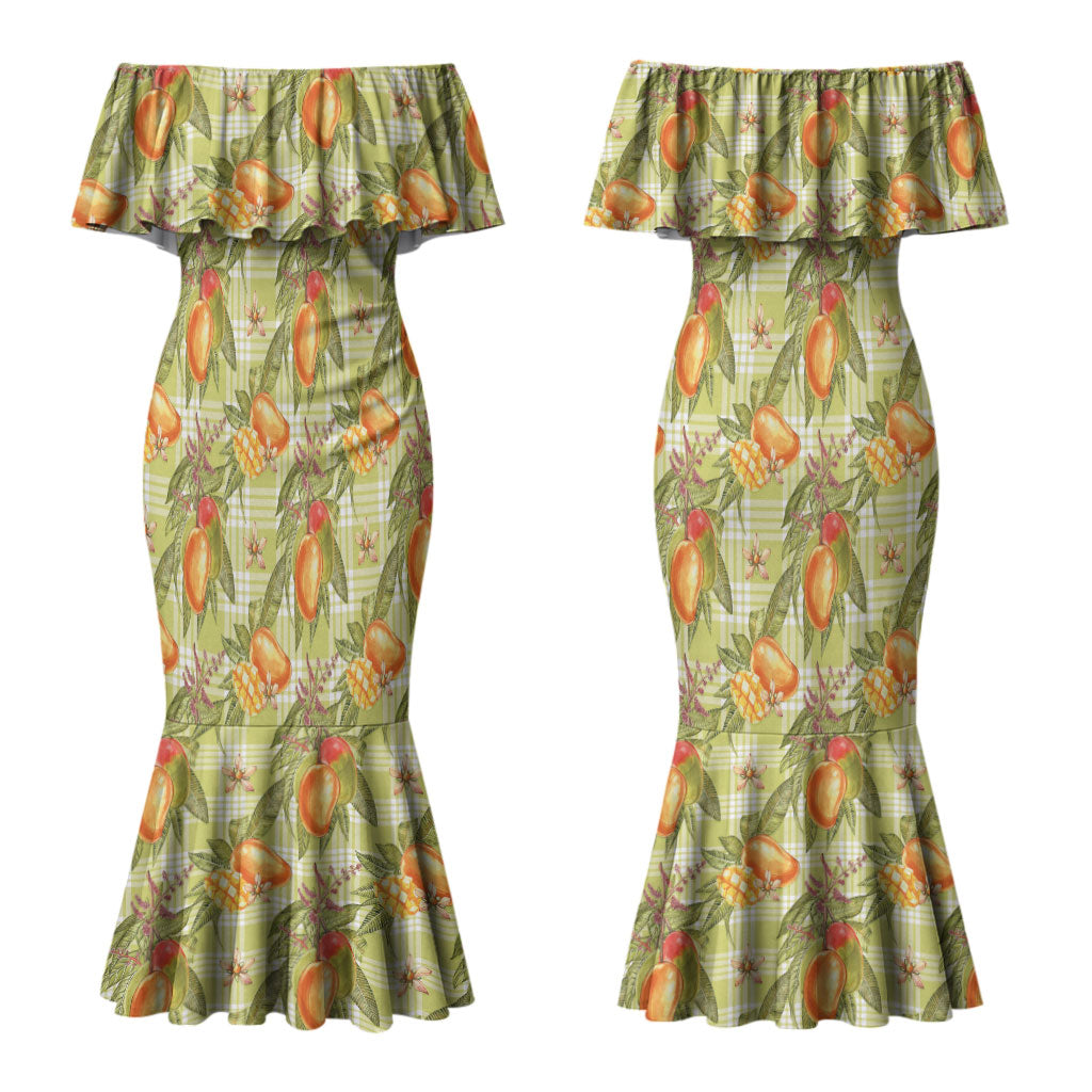 Vintage Hawaii Mango Couples Matching Mermaid Dress and Hawaiian Shirt Yellow Green Hawaiian Palaka