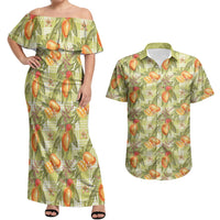 Vintage Hawaii Mango Couples Matching Off Shoulder Maxi Dress and Hawaiian Shirt Yellow Green Hawaiian Palaka