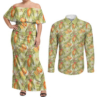 Vintage Hawaii Mango Couples Matching Off Shoulder Maxi Dress and Long Sleeve Button Shirt Yellow Green Hawaiian Palaka