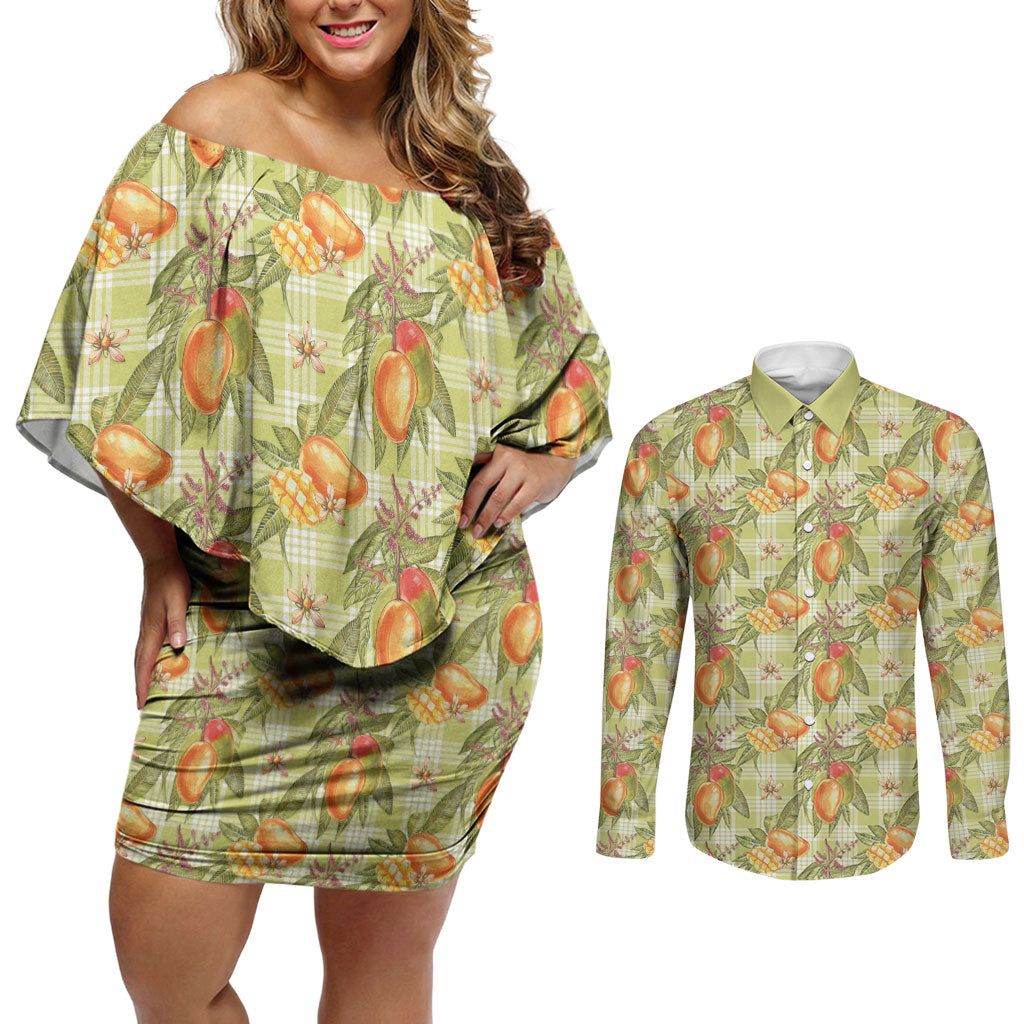 Vintage Hawaii Mango Couples Matching Off Shoulder Short Dress and Long Sleeve Button Shirt Yellow Green Hawaiian Palaka