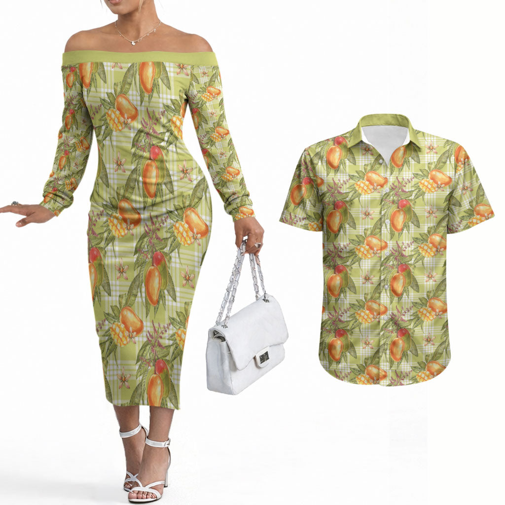 Vintage Hawaii Mango Couples Matching Off The Shoulder Long Sleeve Dress and Hawaiian Shirt Yellow Green Hawaiian Palaka