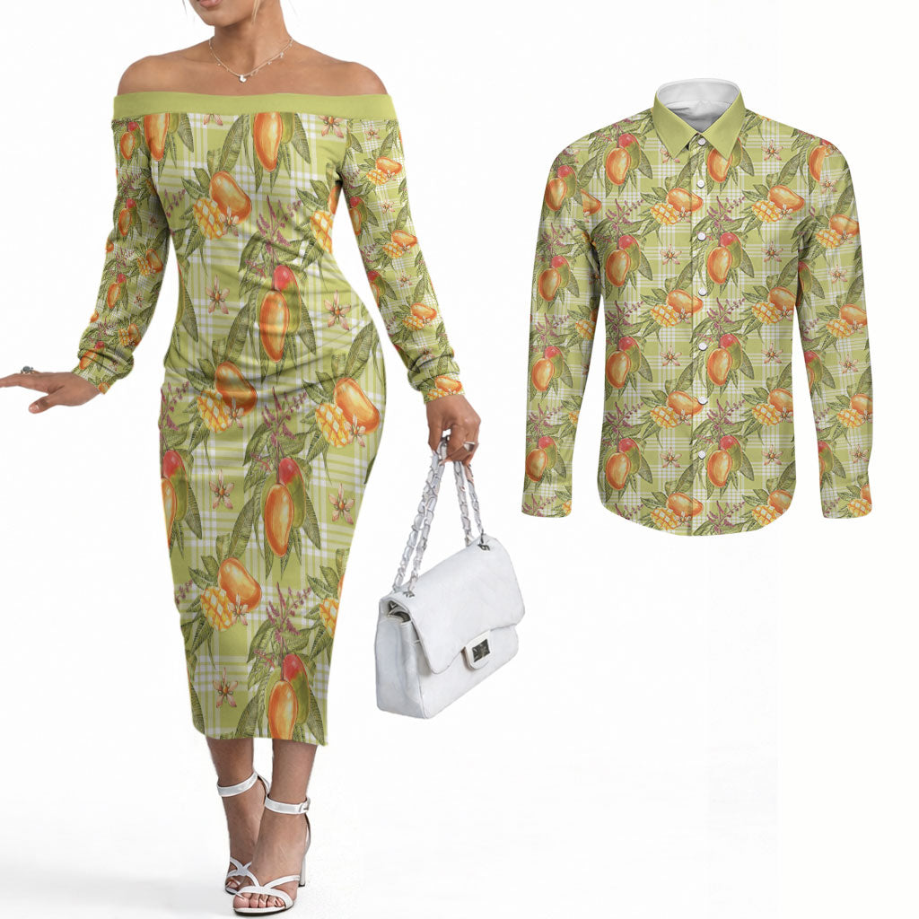 Vintage Hawaii Mango Couples Matching Off The Shoulder Long Sleeve Dress and Long Sleeve Button Shirt Yellow Green Hawaiian Palaka