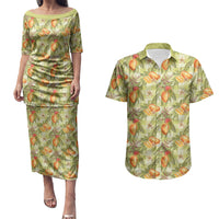 Vintage Hawaii Mango Couples Matching Puletasi and Hawaiian Shirt Yellow Green Hawaiian Palaka