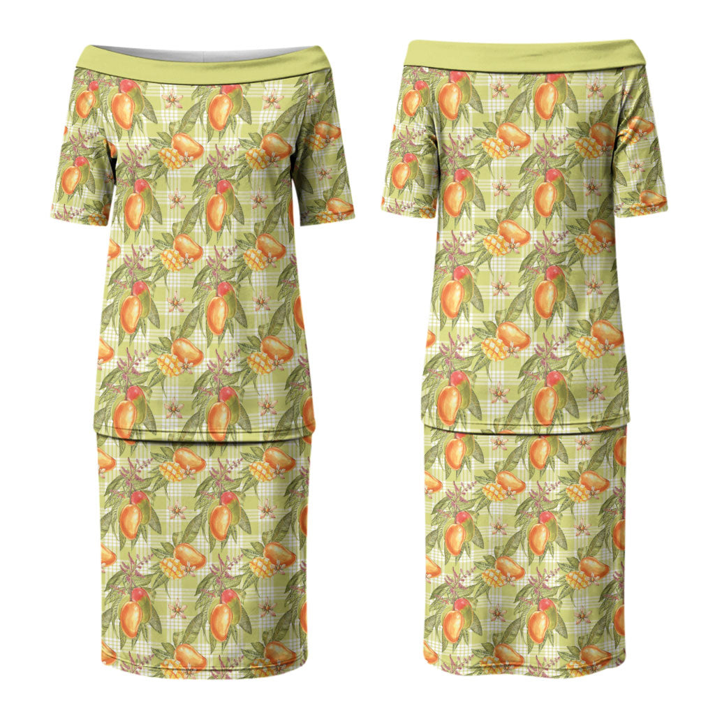 Vintage Hawaii Mango Couples Matching Puletasi and Hawaiian Shirt Yellow Green Hawaiian Palaka