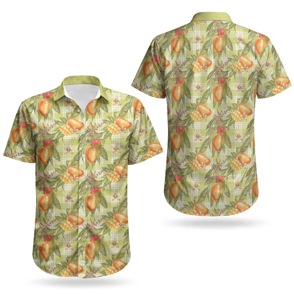 Vintage Hawaii Mango Couples Matching Short Sleeve Bodycon Dress and Hawaiian Shirt Yellow Green Hawaiian Palaka