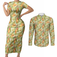 Vintage Hawaii Mango Couples Matching Short Sleeve Bodycon Dress and Long Sleeve Button Shirt Yellow Green Hawaiian Palaka
