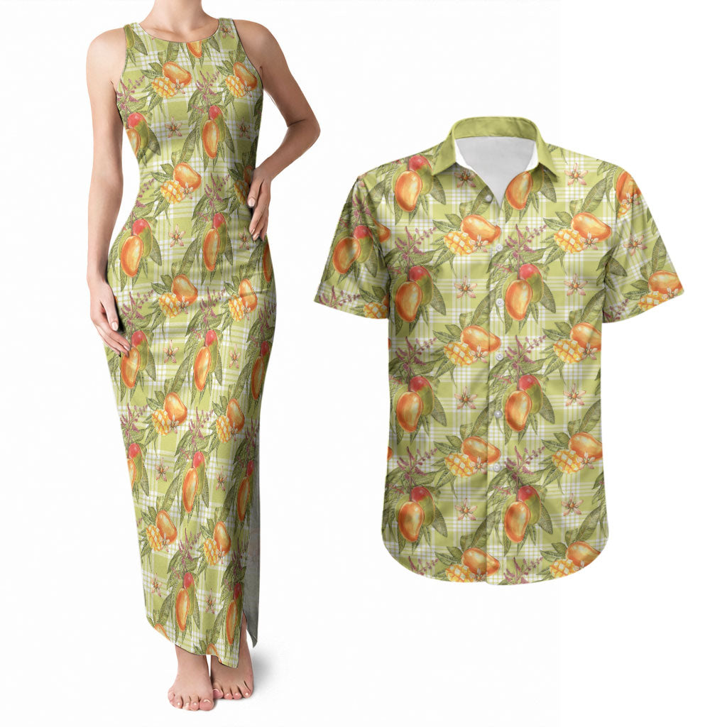 Vintage Hawaii Mango Couples Matching Tank Maxi Dress and Hawaiian Shirt Yellow Green Hawaiian Palaka