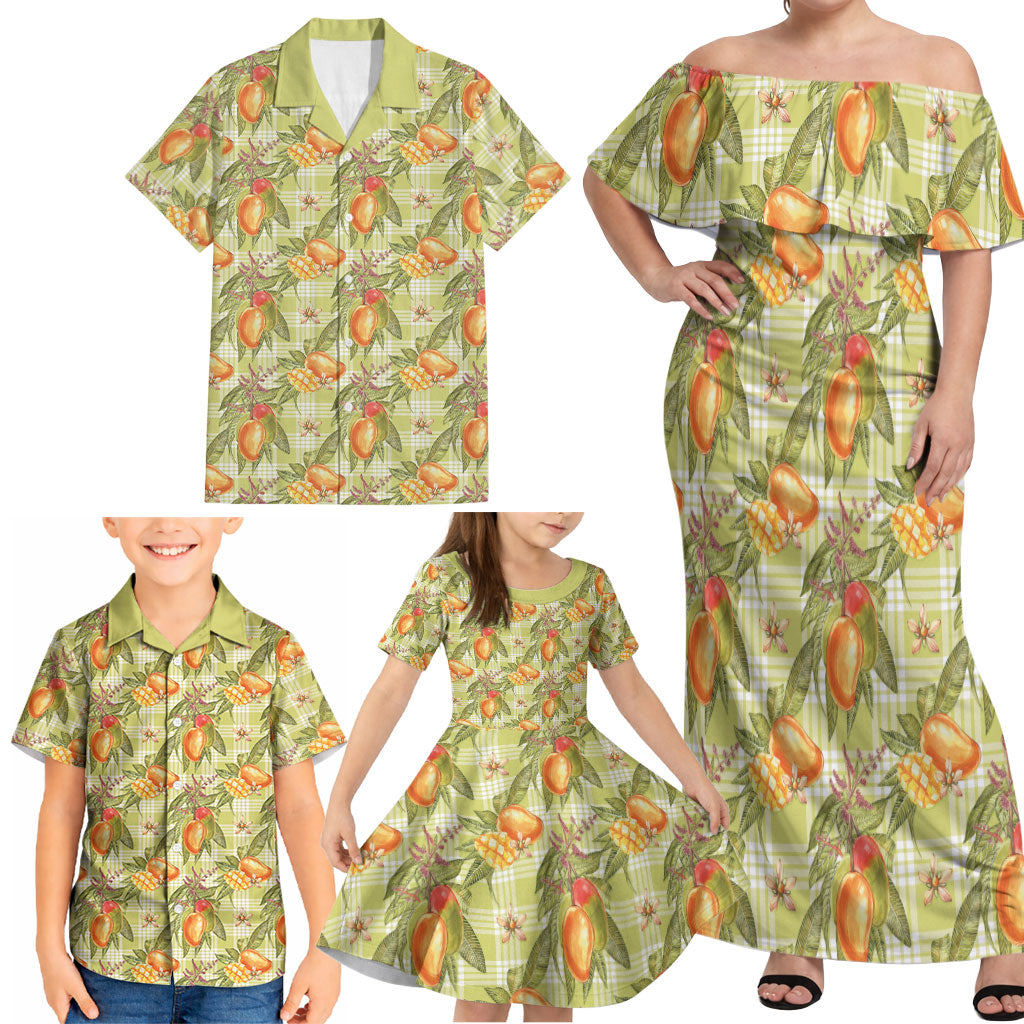 Vintage Hawaii Mango Family Matching Off Shoulder Maxi Dress and Hawaiian Shirt Yellow Green Hawaiian Palaka