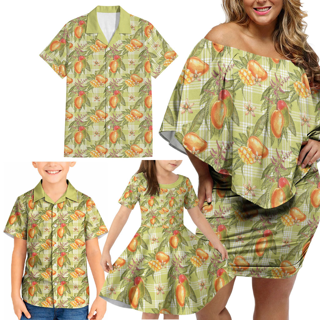 Vintage Hawaii Mango Family Matching Off Shoulder Short Dress and Hawaiian Shirt Yellow Green Hawaiian Palaka