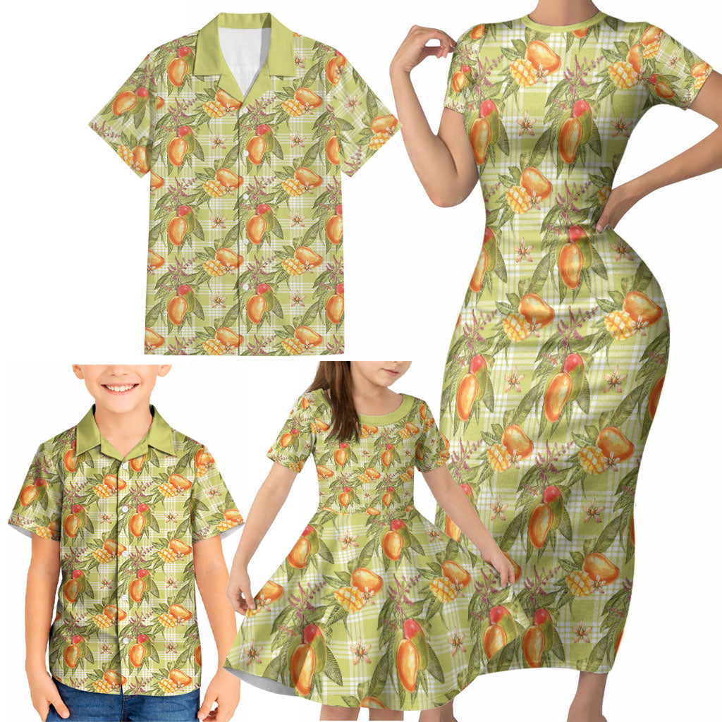 Vintage Hawaii Mango Family Matching Short Sleeve Bodycon Dress and Hawaiian Shirt Yellow Green Hawaiian Palaka