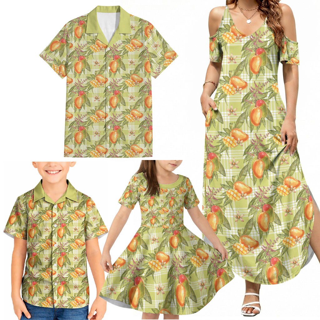 Vintage Hawaii Mango Family Matching Summer Maxi Dress and Hawaiian Shirt Yellow Green Hawaiian Palaka