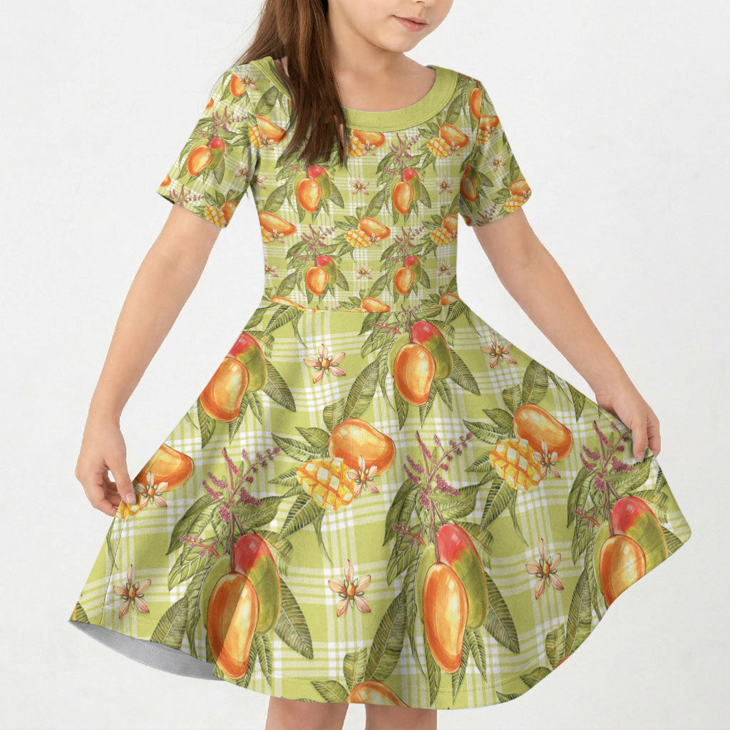 Vintage Hawaii Mango Kid Short Sleeve Dress Yellow Green Hawaiian Palaka