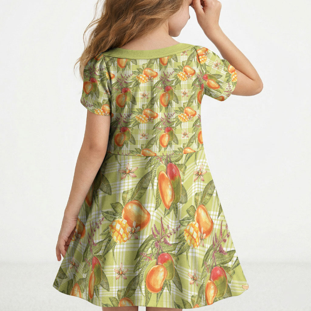 Vintage Hawaii Mango Kid Short Sleeve Dress Yellow Green Hawaiian Palaka