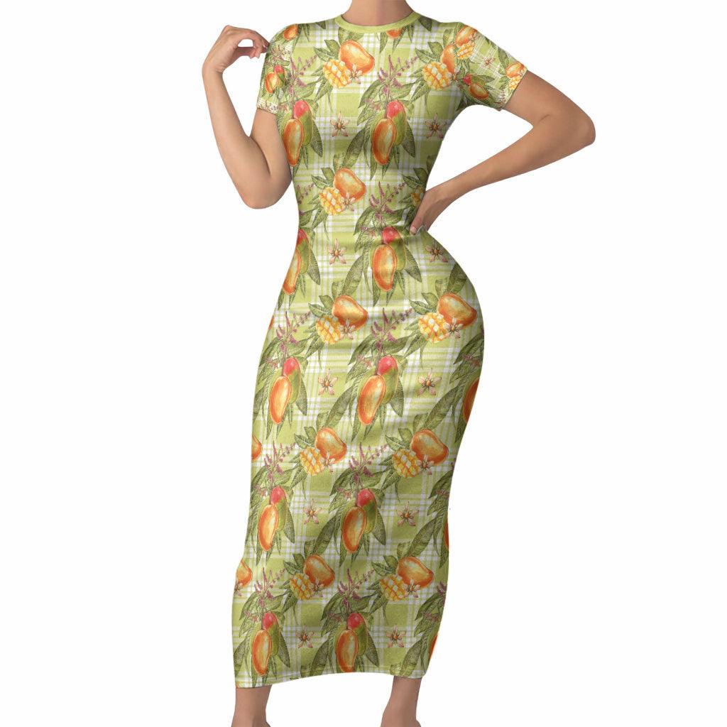 Vintage Hawaii Mango Short Sleeve Bodycon Dress Yellow Green Hawaiian Palaka