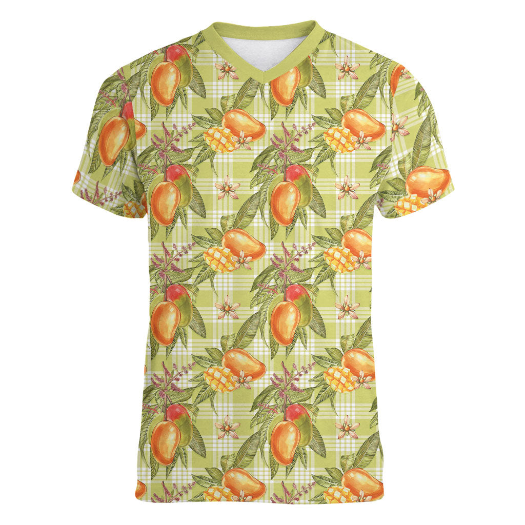 Vintage Hawaii Mango Women V-Neck T-Shirt Yellow Green Hawaiian Palaka