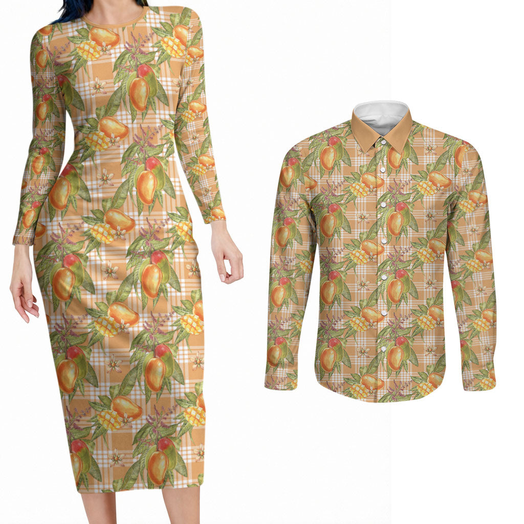 Vintage Hawaii Mango Couples Matching Long Sleeve Bodycon Dress and Long Sleeve Button Shirt Coral Hawaiian Palaka