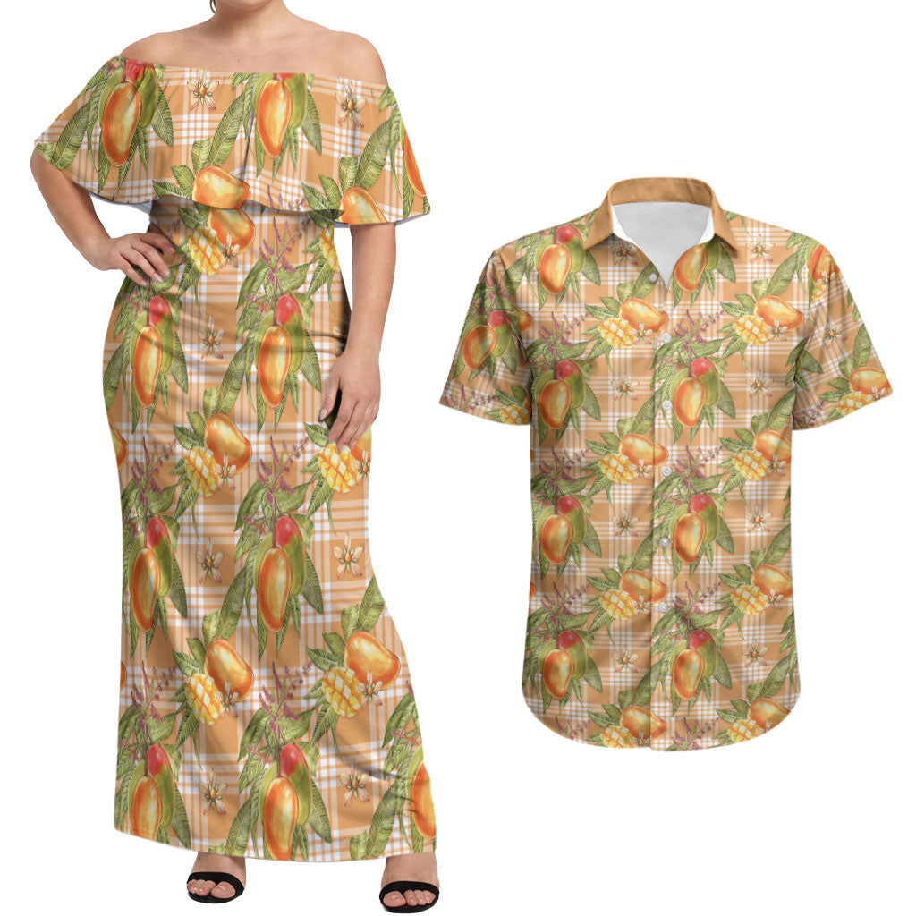 Vintage Hawaii Mango Couples Matching Off Shoulder Maxi Dress and Hawaiian Shirt Coral Hawaiian Palaka