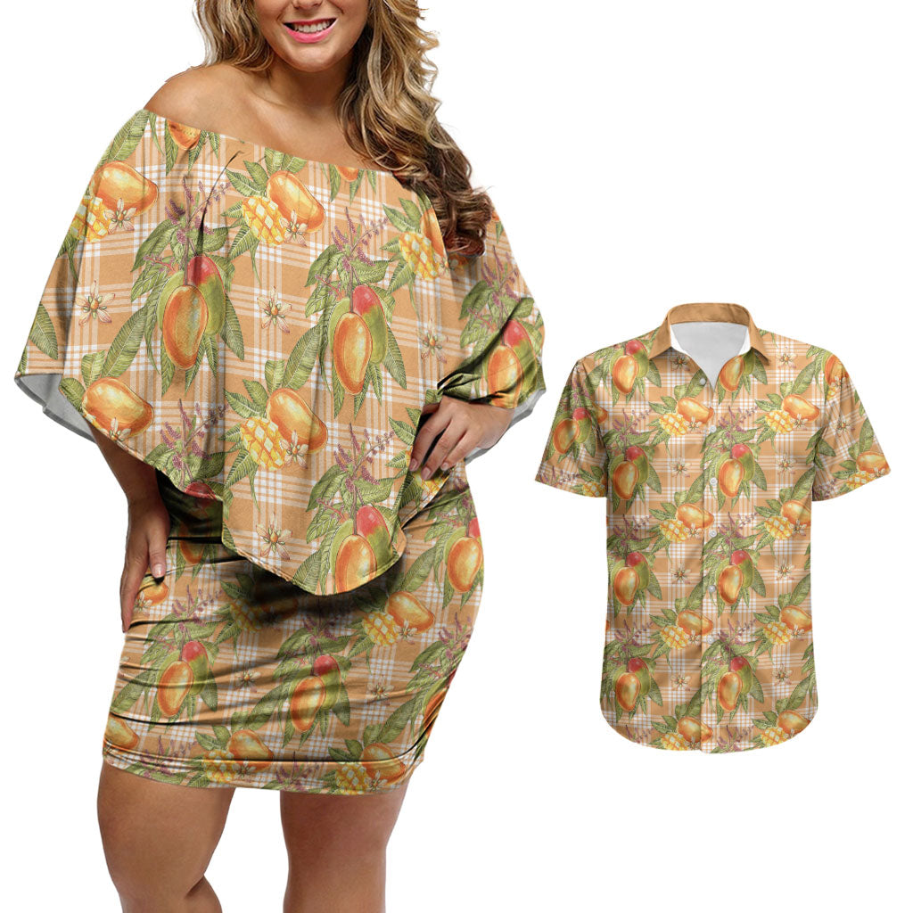 Vintage Hawaii Mango Couples Matching Off Shoulder Short Dress and Hawaiian Shirt Coral Hawaiian Palaka