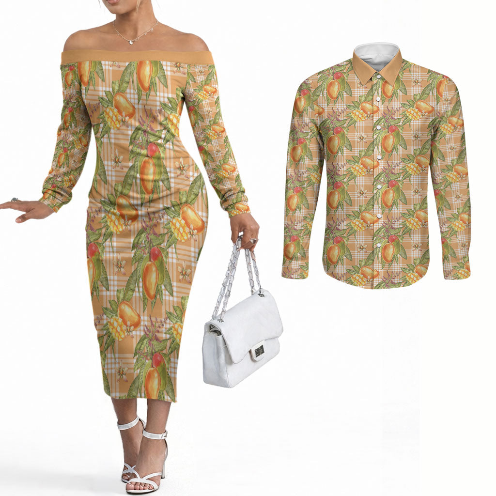 Vintage Hawaii Mango Couples Matching Off The Shoulder Long Sleeve Dress and Long Sleeve Button Shirt Coral Hawaiian Palaka