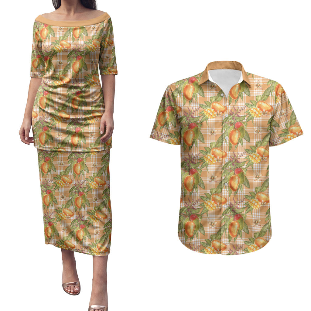 Vintage Hawaii Mango Couples Matching Puletasi and Hawaiian Shirt Coral Hawaiian Palaka