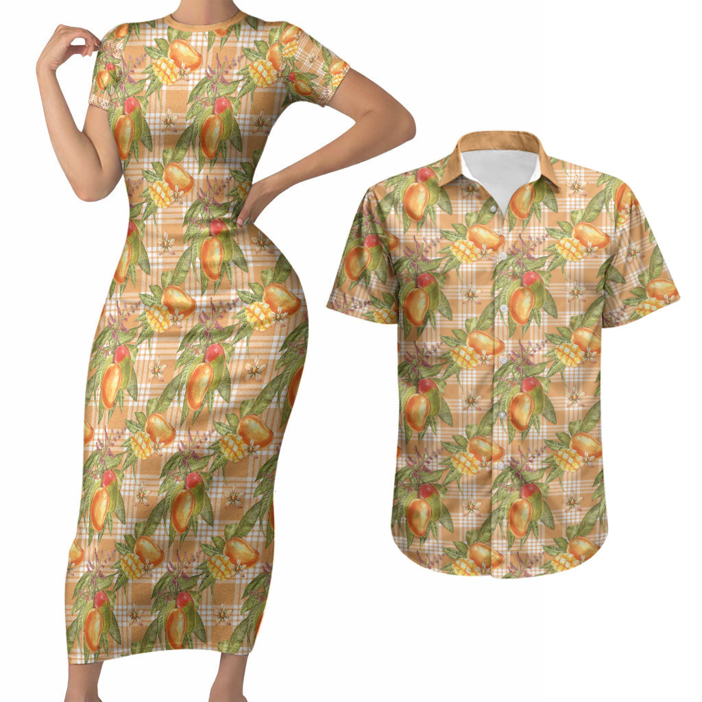 Vintage Hawaii Mango Couples Matching Short Sleeve Bodycon Dress and Hawaiian Shirt Coral Hawaiian Palaka