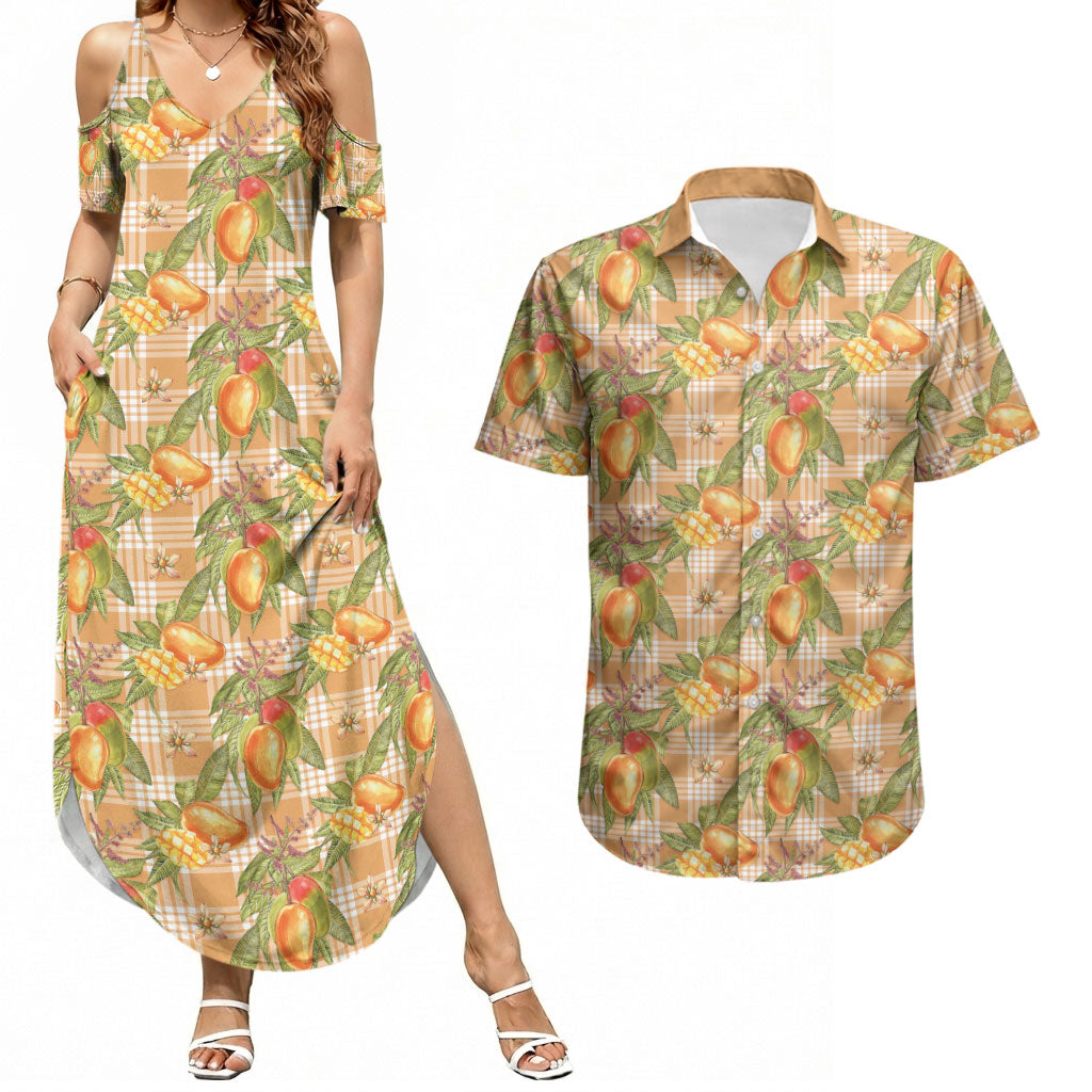 Vintage Hawaii Mango Couples Matching Summer Maxi Dress and Hawaiian Shirt Coral Hawaiian Palaka