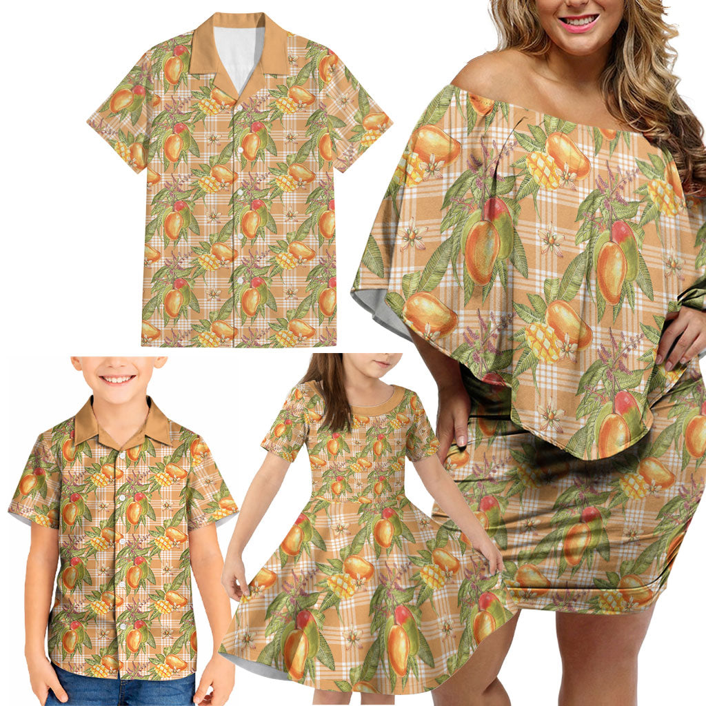 Vintage Hawaii Mango Family Matching Off Shoulder Short Dress and Hawaiian Shirt Coral Hawaiian Palaka
