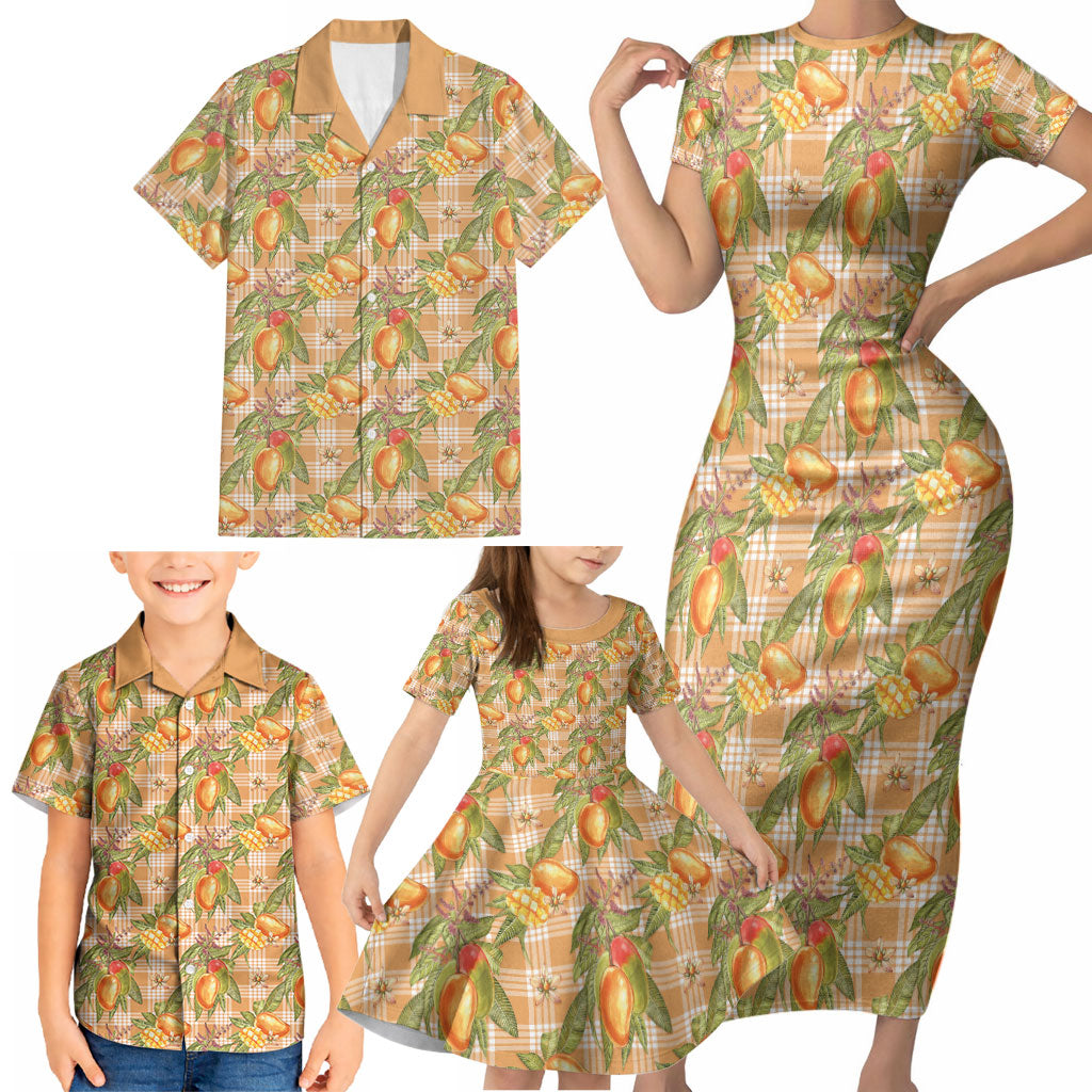 Vintage Hawaii Mango Family Matching Short Sleeve Bodycon Dress and Hawaiian Shirt Coral Hawaiian Palaka