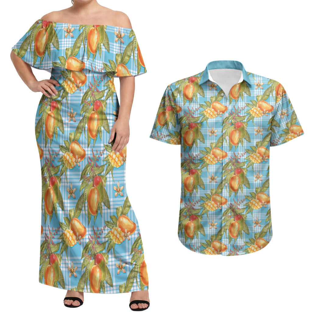Vintage Hawaii Mango Couples Matching Off Shoulder Maxi Dress and Hawaiian Shirt Blue Hawaiian Palaka