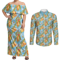 Vintage Hawaii Mango Couples Matching Off Shoulder Maxi Dress and Long Sleeve Button Shirt Blue Hawaiian Palaka