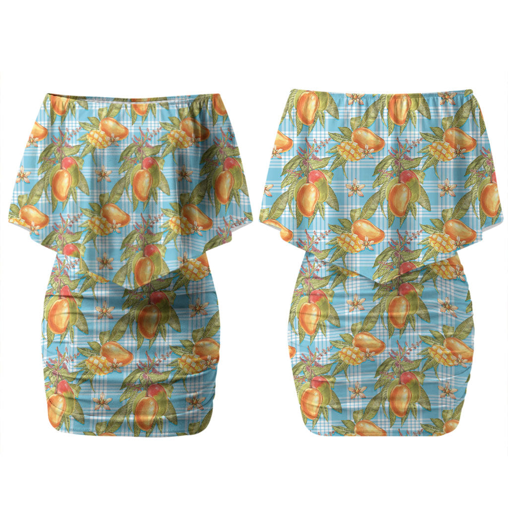 Vintage Hawaii Mango Couples Matching Off Shoulder Short Dress and Hawaiian Shirt Blue Hawaiian Palaka