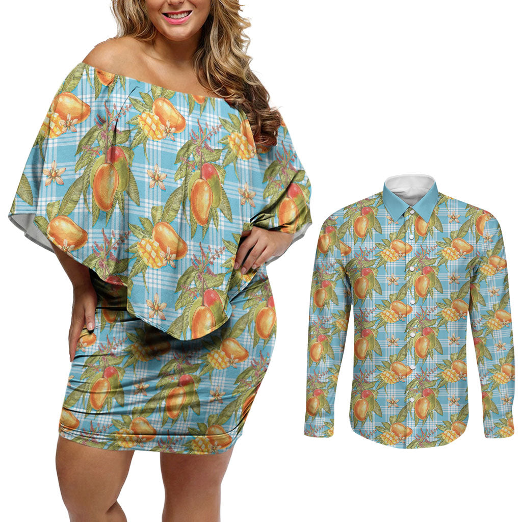 Vintage Hawaii Mango Couples Matching Off Shoulder Short Dress and Long Sleeve Button Shirt Blue Hawaiian Palaka