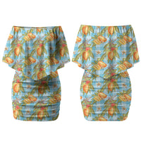 Vintage Hawaii Mango Couples Matching Off Shoulder Short Dress and Long Sleeve Button Shirt Blue Hawaiian Palaka