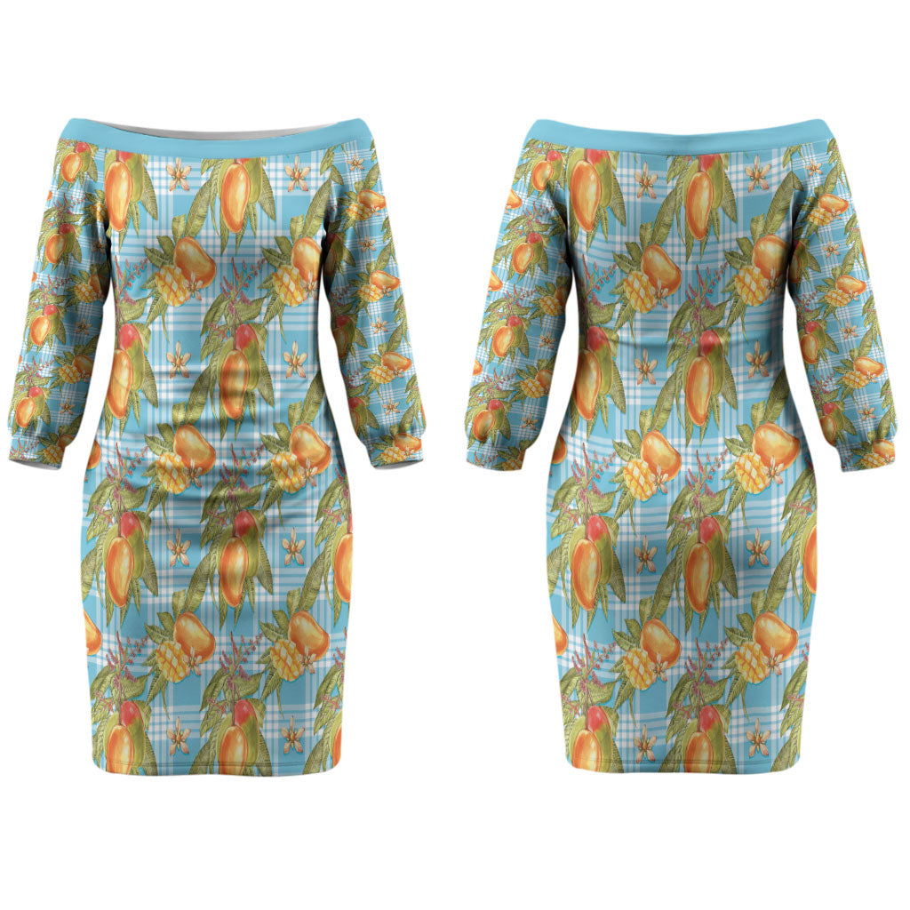 Vintage Hawaii Mango Couples Matching Off The Shoulder Long Sleeve Dress and Hawaiian Shirt Blue Hawaiian Palaka