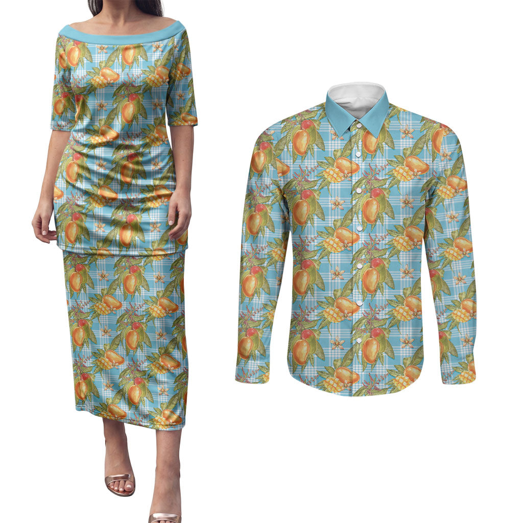 Vintage Hawaii Mango Couples Matching Puletasi and Long Sleeve Button Shirt Blue Hawaiian Palaka