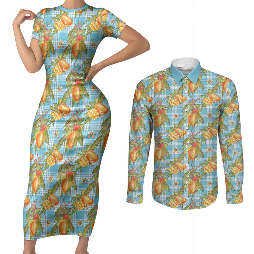 Vintage Hawaii Mango Couples Matching Short Sleeve Bodycon Dress and Long Sleeve Button Shirt Blue Hawaiian Palaka