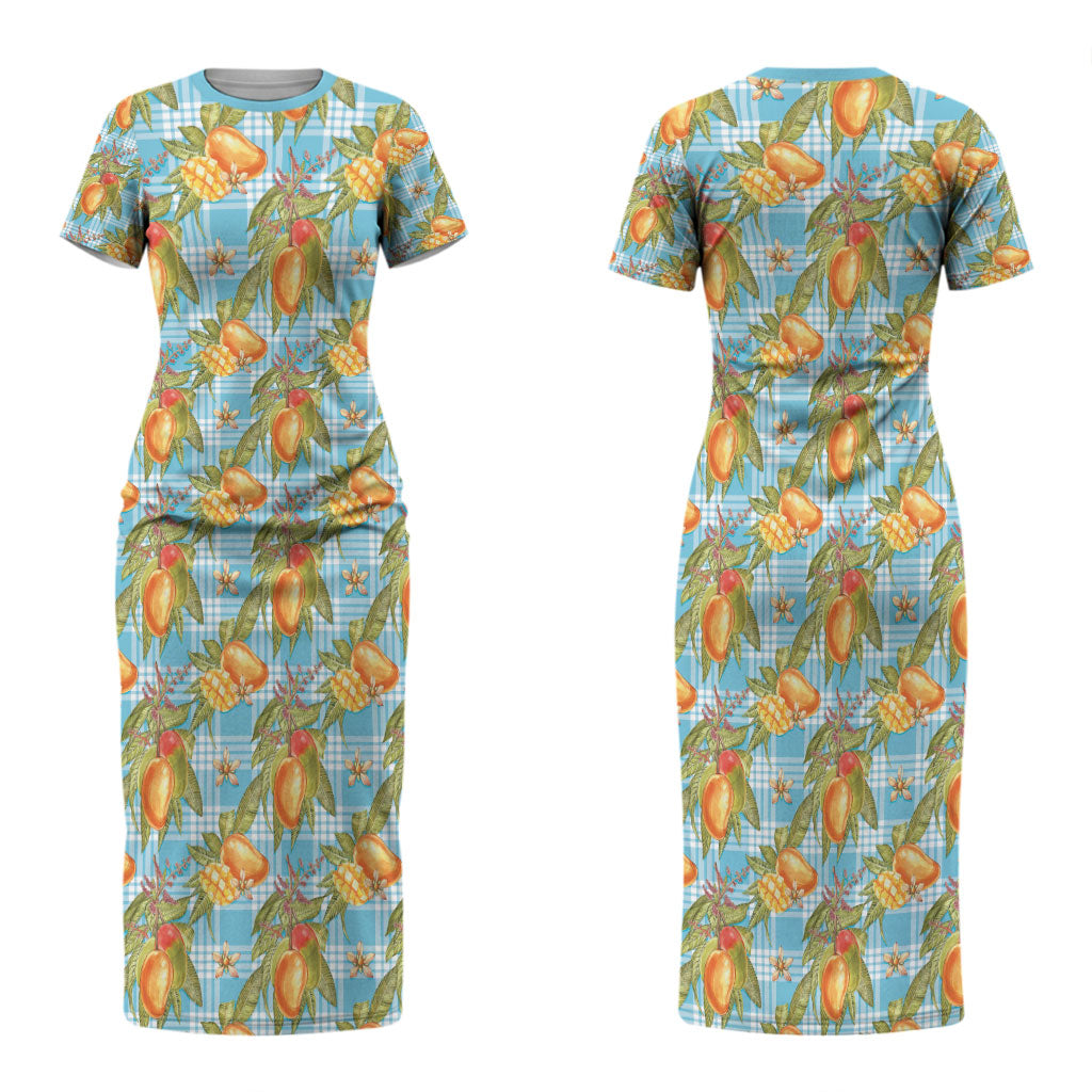 Vintage Hawaii Mango Couples Matching Short Sleeve Bodycon Dress and Long Sleeve Button Shirt Blue Hawaiian Palaka