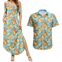 Vintage Hawaii Mango Couples Matching Summer Maxi Dress and Hawaiian Shirt Blue Hawaiian Palaka