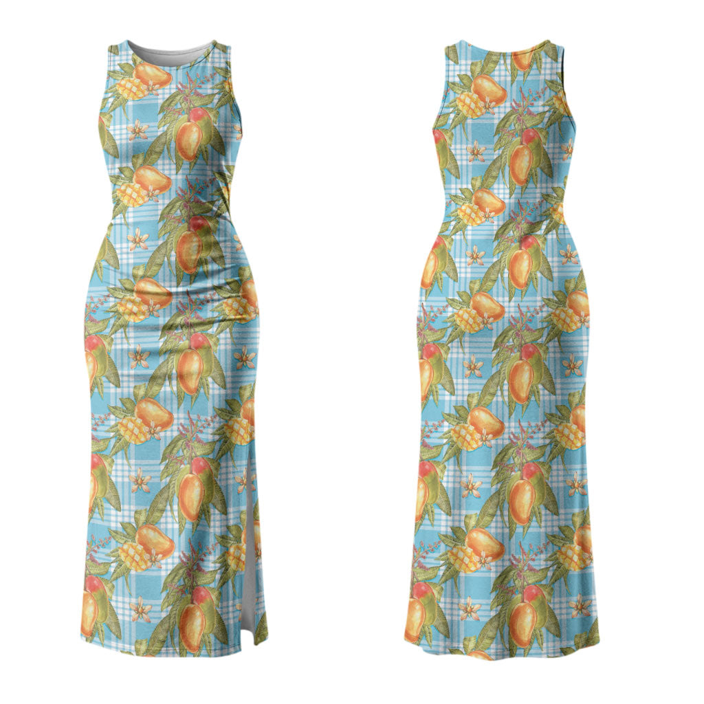 Vintage Hawaii Mango Couples Matching Tank Maxi Dress and Long Sleeve Button Shirt Blue Hawaiian Palaka